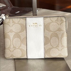 Coach Beige Signature Canvas Wristlet with White Leather Stripe